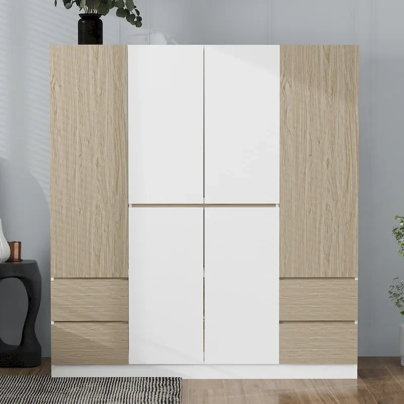6-Door Wooden Wardrobe with Drawers, White & Natural / Black & Natural, 1-Person