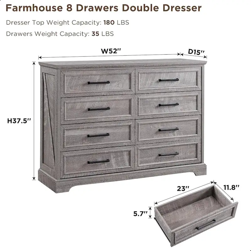 Farmhouse 8 Drawers Dresser Chests for Bedroom, Wood Chest of Drawers