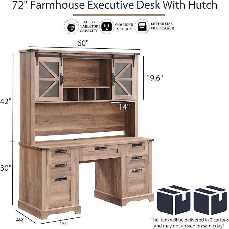 Farmhouse Desk, Wood Home Office Executive Desk with Charging Station