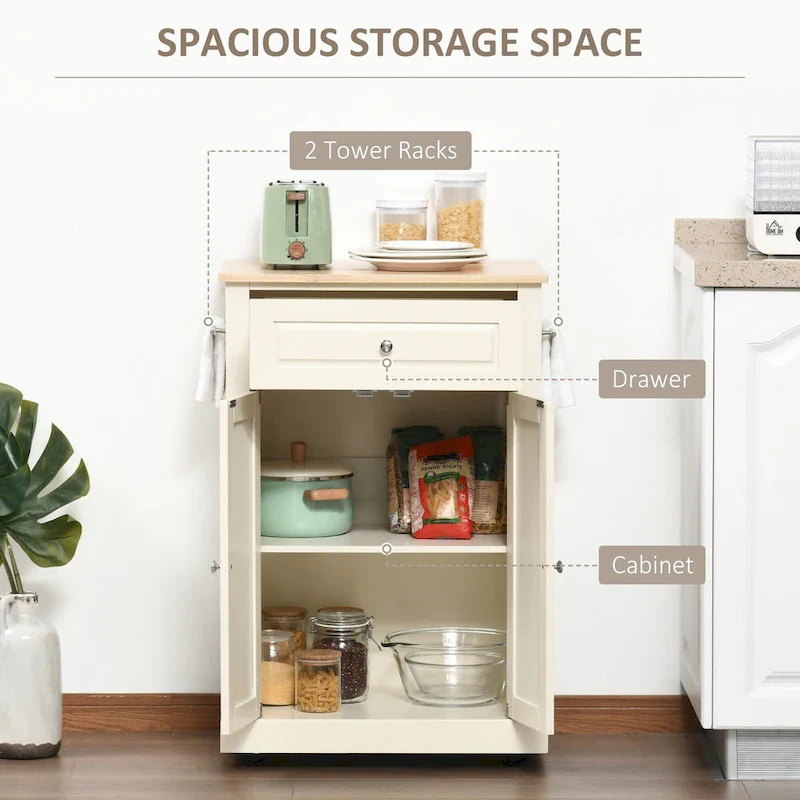 Rolling Kitchen Island Cart with Drawer and Cabinet - Black/Grey/Cream White