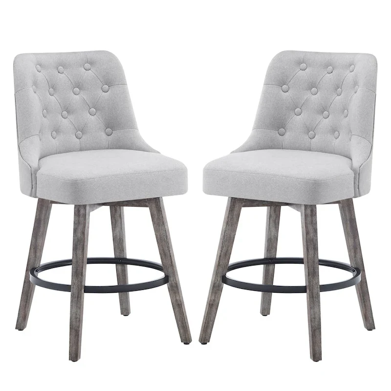 Tufted Swivel Bar Stool with Wood Grain Legs, Dark Grey / Light Grey, Set of 2