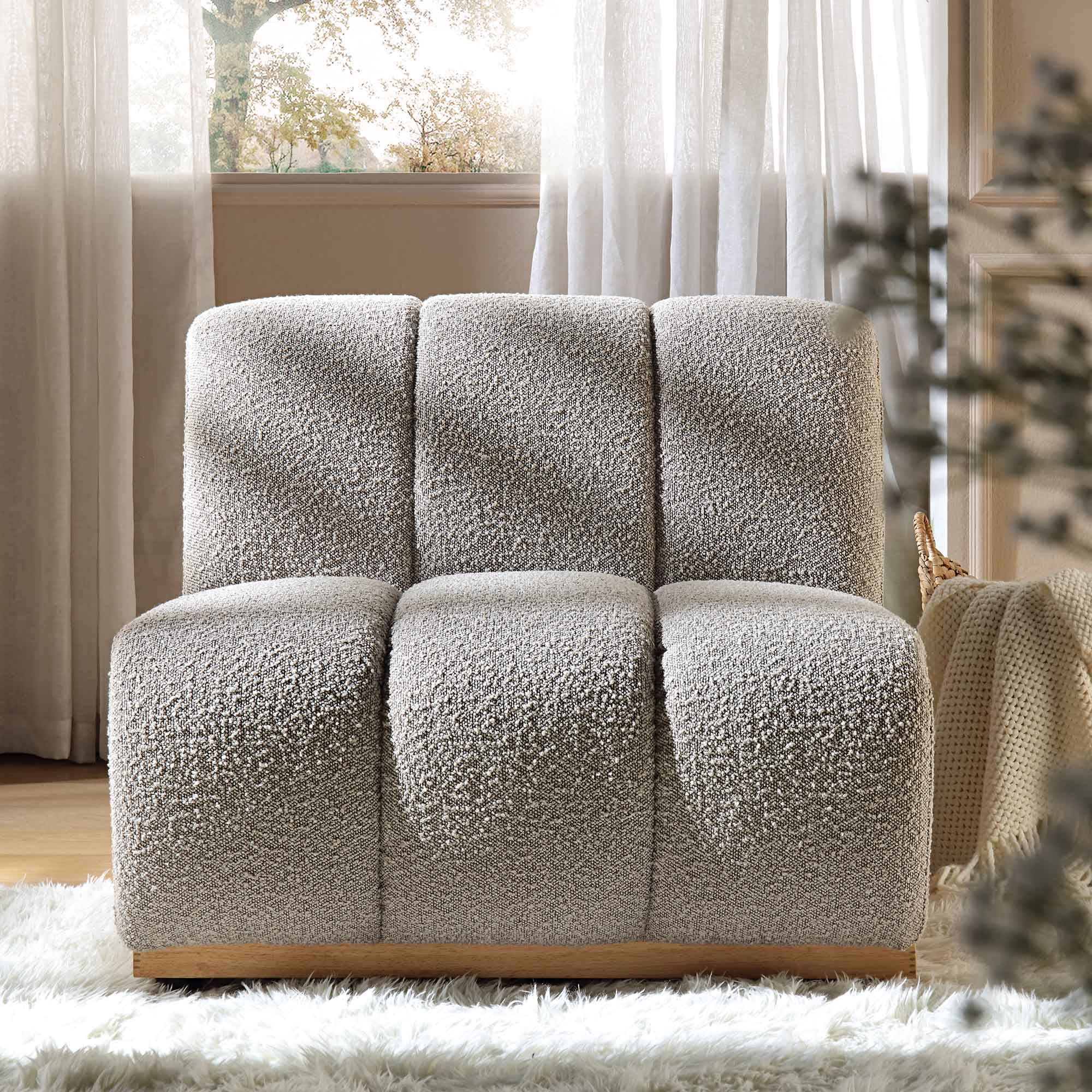 Taupe Boucle Sectional Sofa, 1-Seater Armless Sofa