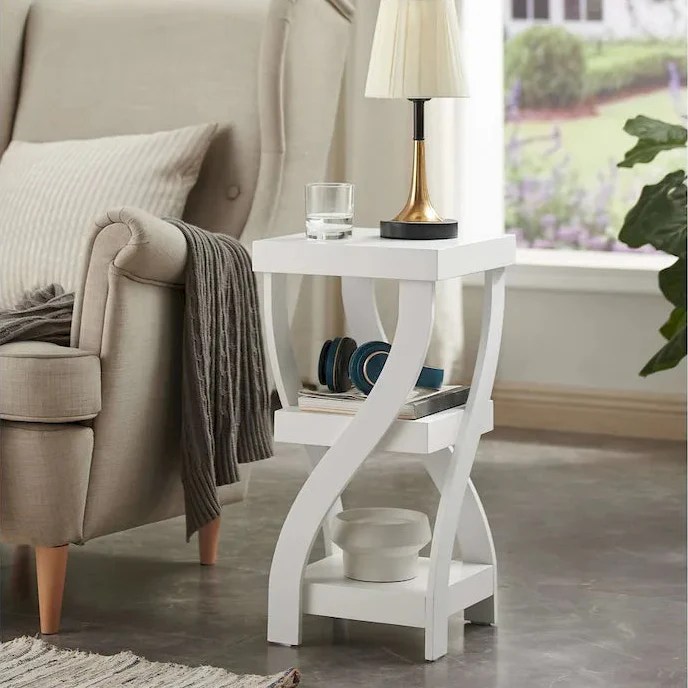 White Wood Square Side Table with Curved Legs & 2-Tier Storage Shelves - Single Use