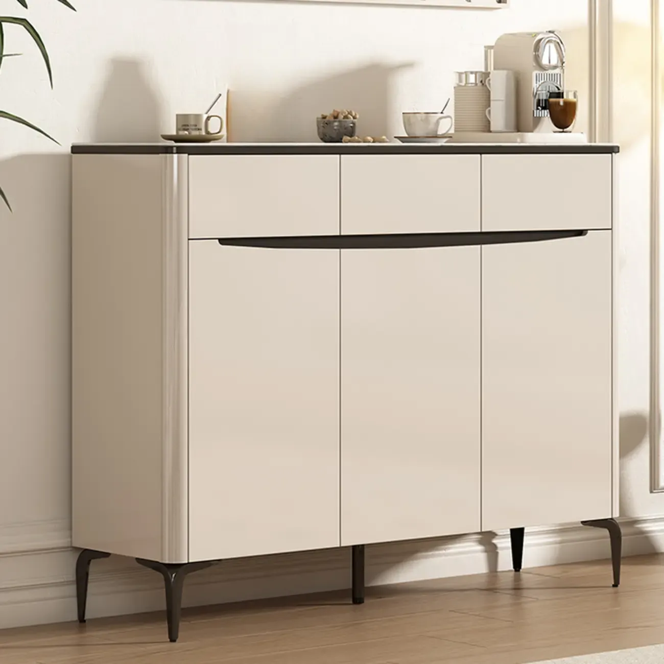 Khaki Wood Entryway Shoe Cabinet Marble Top