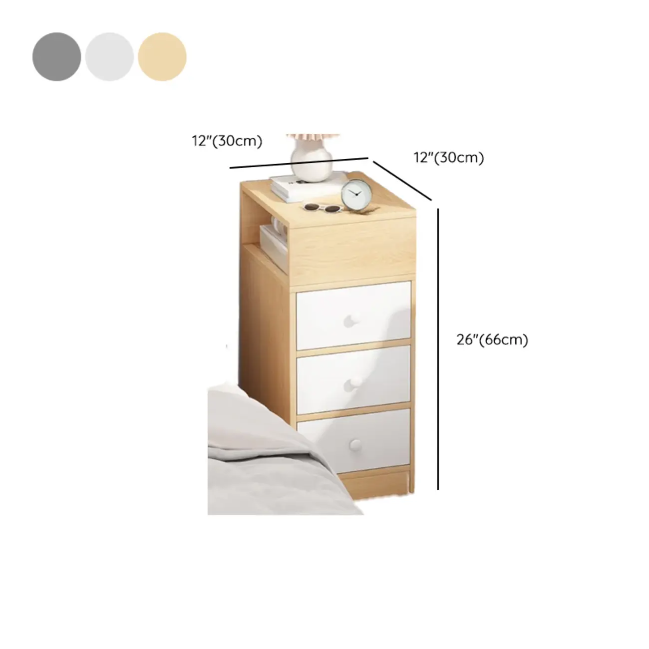 Wood Finish White Narrow Length Multi-Drawers Nightstand