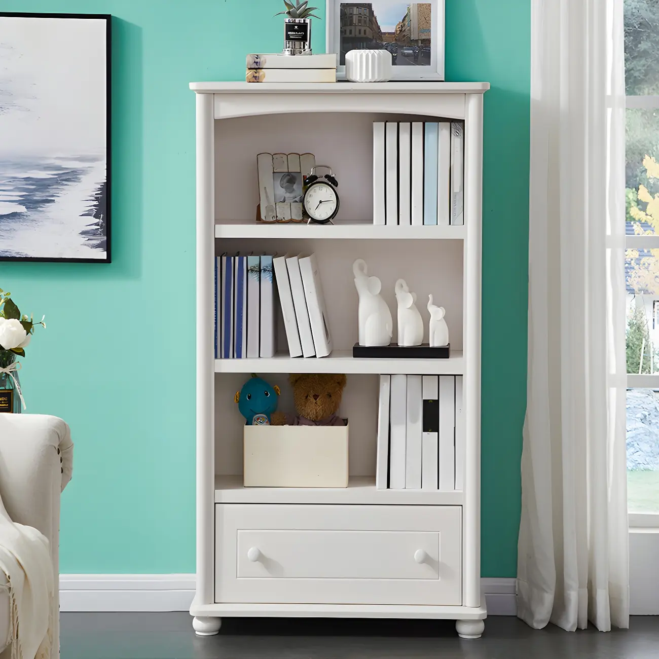Modern White Wood Bookcase with Storage for Home Office