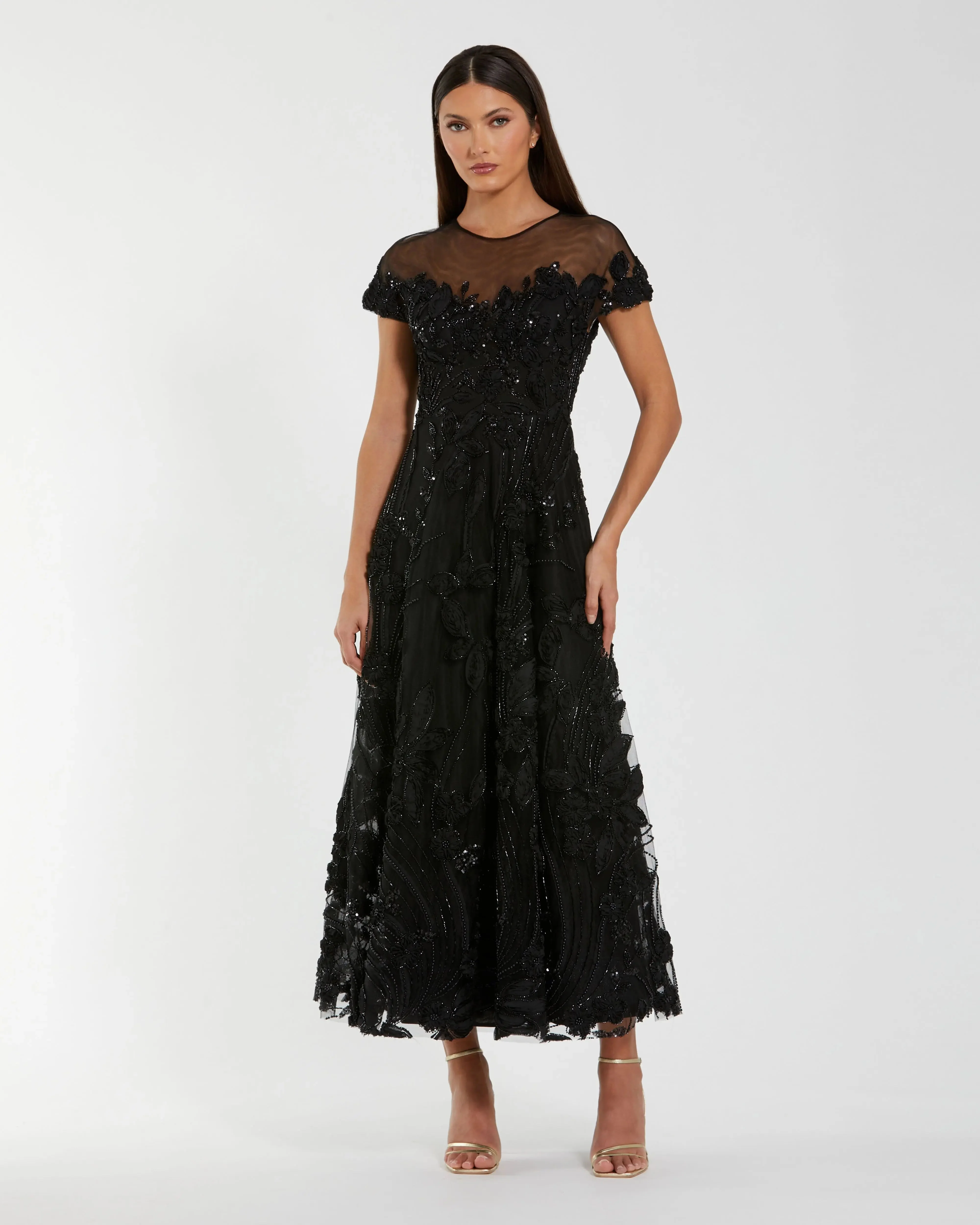 Black Embellished Lace Illusion Neck A-Line Midi Dress