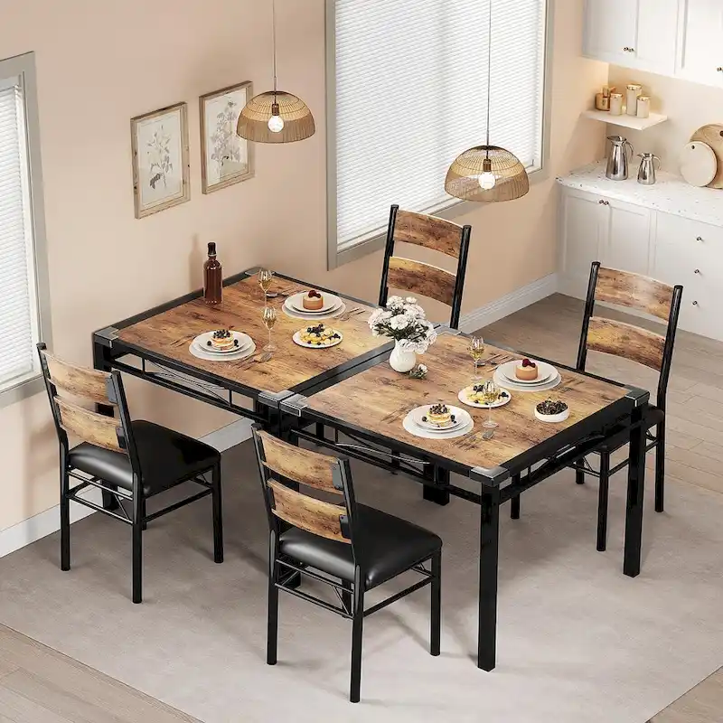 Dining Table Set, Wood Kitchen Table with Upholstered Chairs
