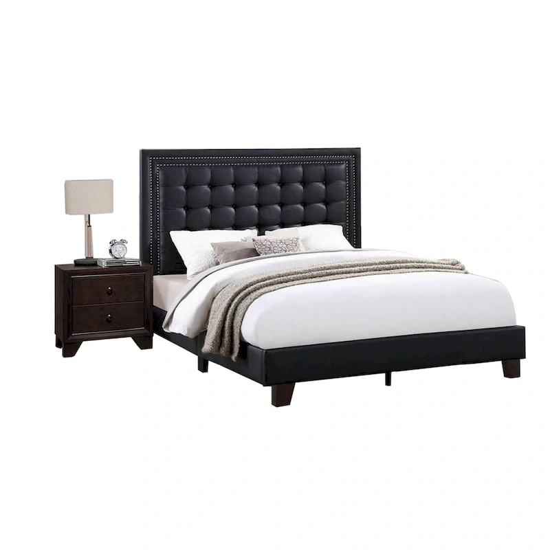 Vea Platform California King Bed, Tufted Upholstery, Black Faux Leather