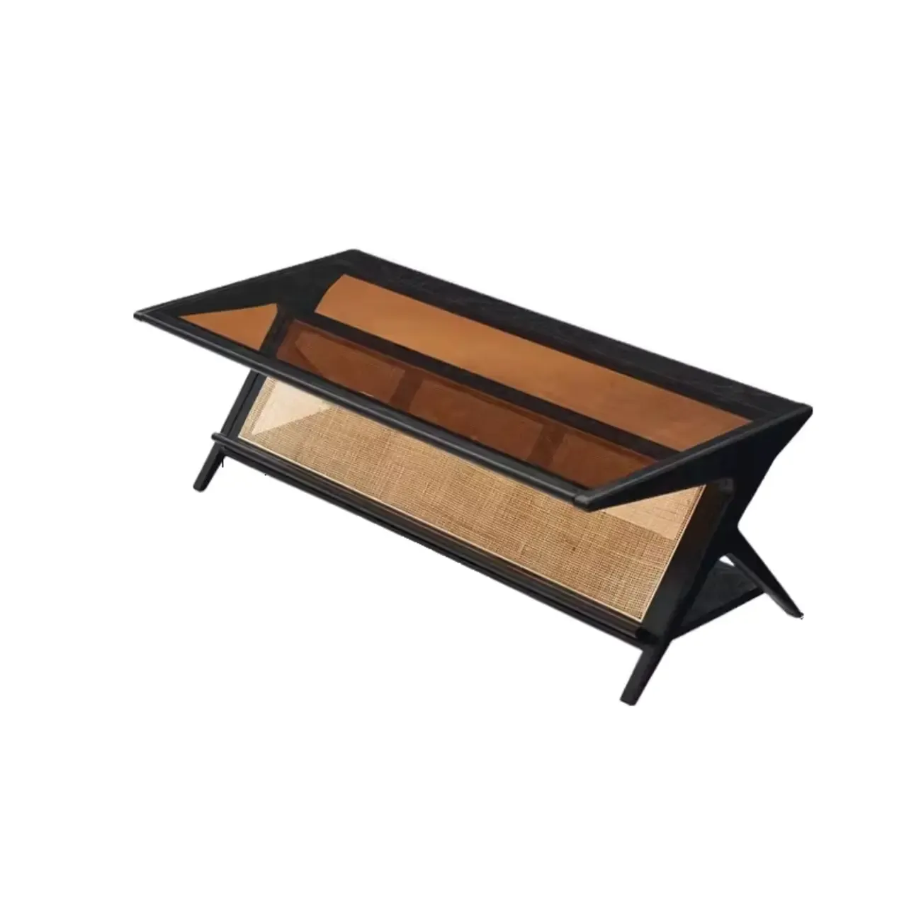 Modern Brown Rectangle Glass Wood Coffee Table with Shelf