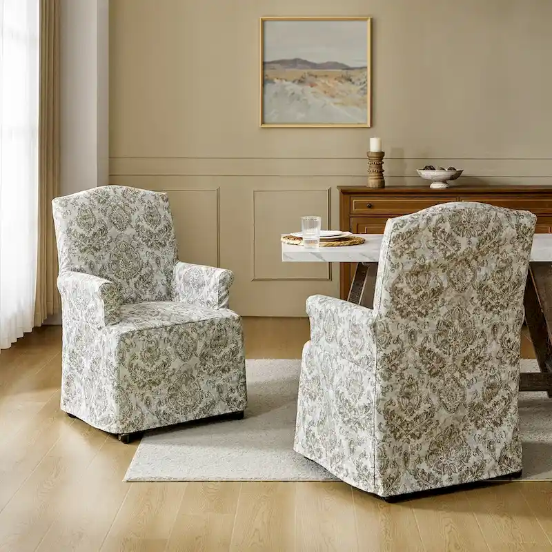 Upholstered Slipcover Arm Dining Chairs with Solid Wood Legs Set of 2