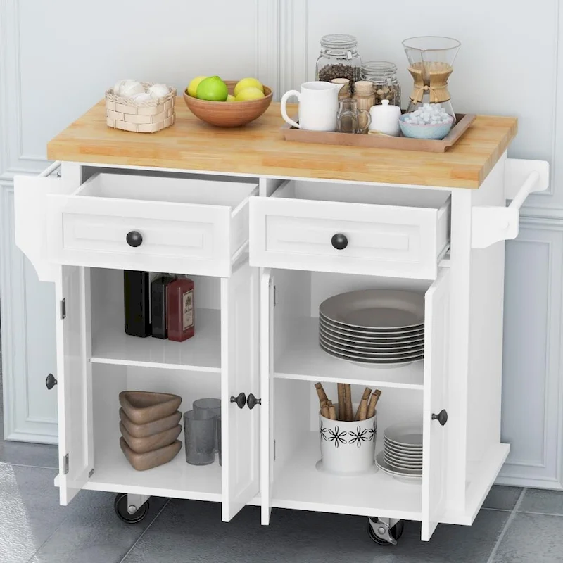 43.31 in. Kitchen Island Cart with 2 Cabinets and Spice Rack