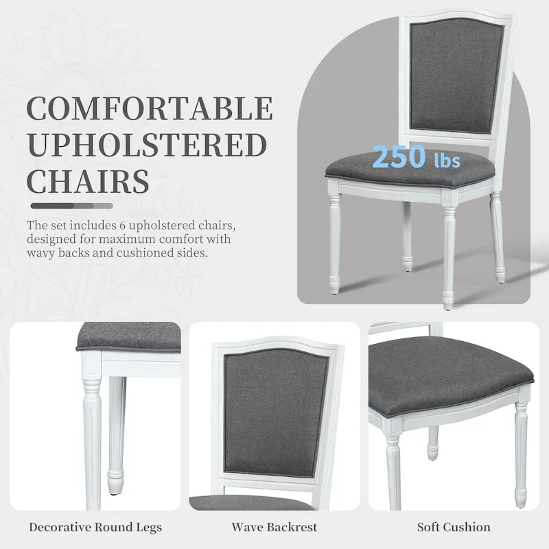 7 Pcs Dining Table Set, Solid Wood Table and Chairs Set with Extendable Dining Table, 2 Drawers and 6 Upholstered Chairs