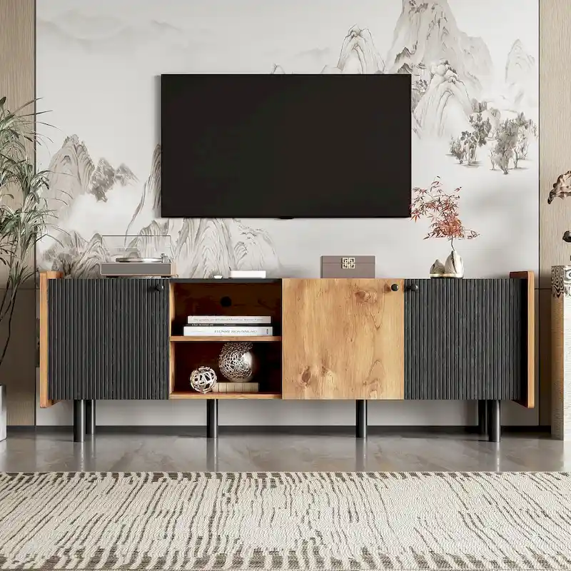 Mid Century TV Stand with 3 Cabinets, Media Console Table for TVs up to 70 , Entertainment Center with Storage