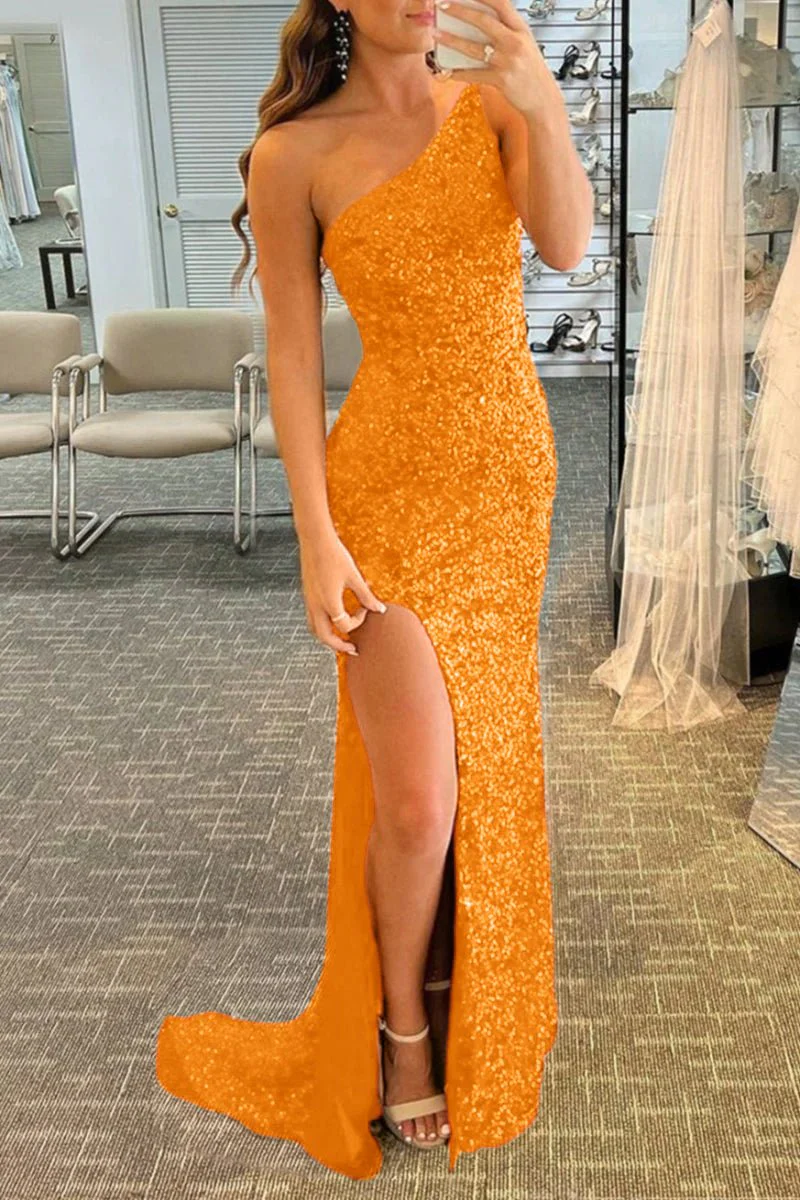 Glitter Black Sequins Long Prom Dress with Slit