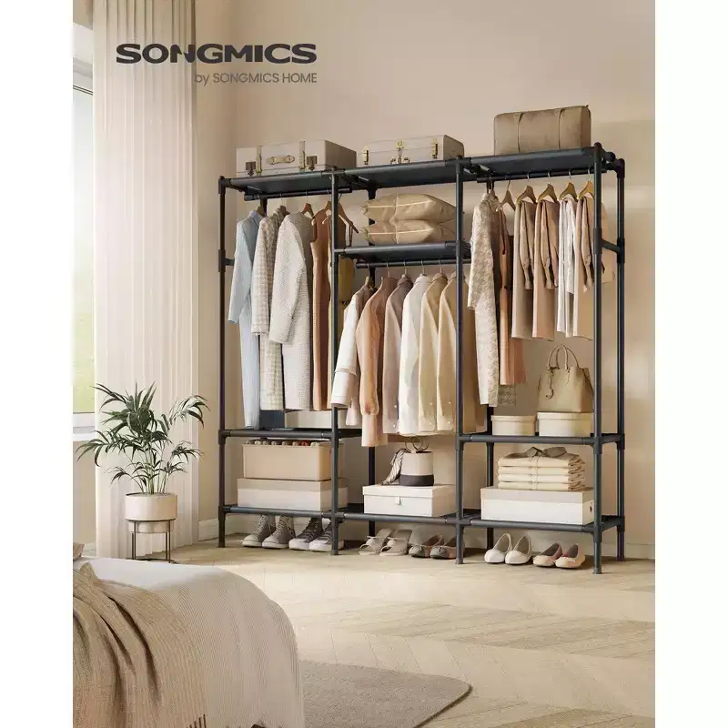 SONGMICS Clothes Rack,72 Inch Large Capacity Portable Closet, Heavy Duty Wardrobe Closet Organizer with Hanging Rails and Shelves, Ink Black