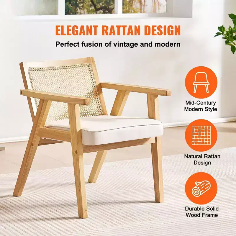 Mid Century Modern Rattan Accent Chair with Velvet Cushion and Solid Wood Frame Beige