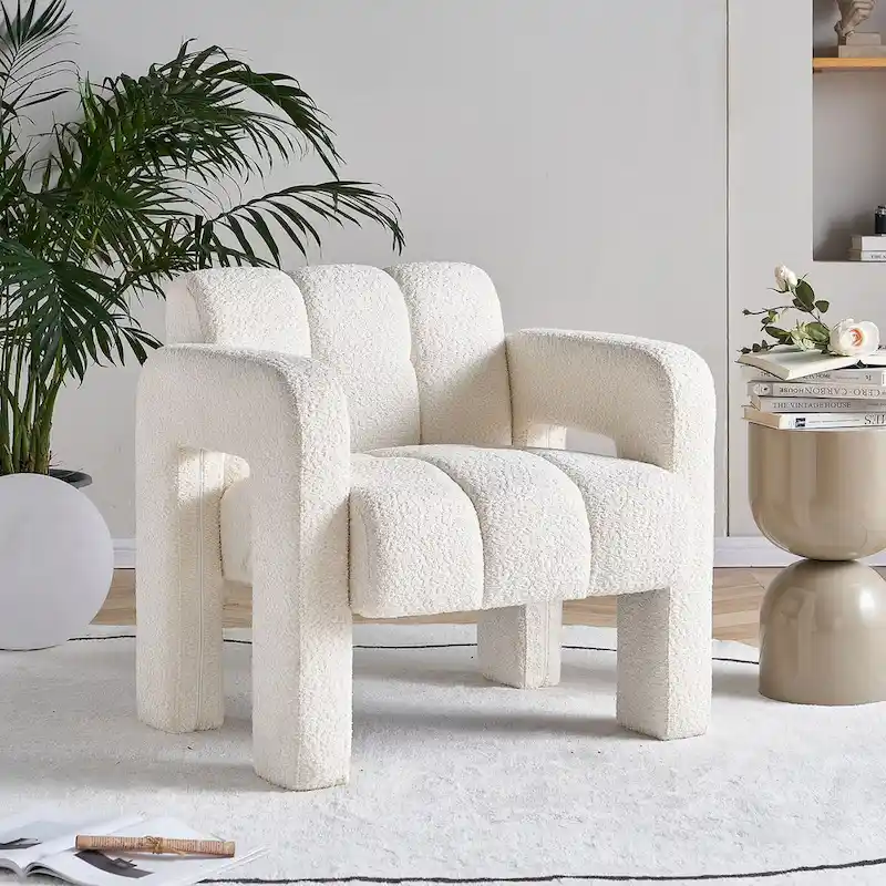 Beige / Green Boucle Upholstered Accent Chair with Solid Wood Frame – 1-Seater