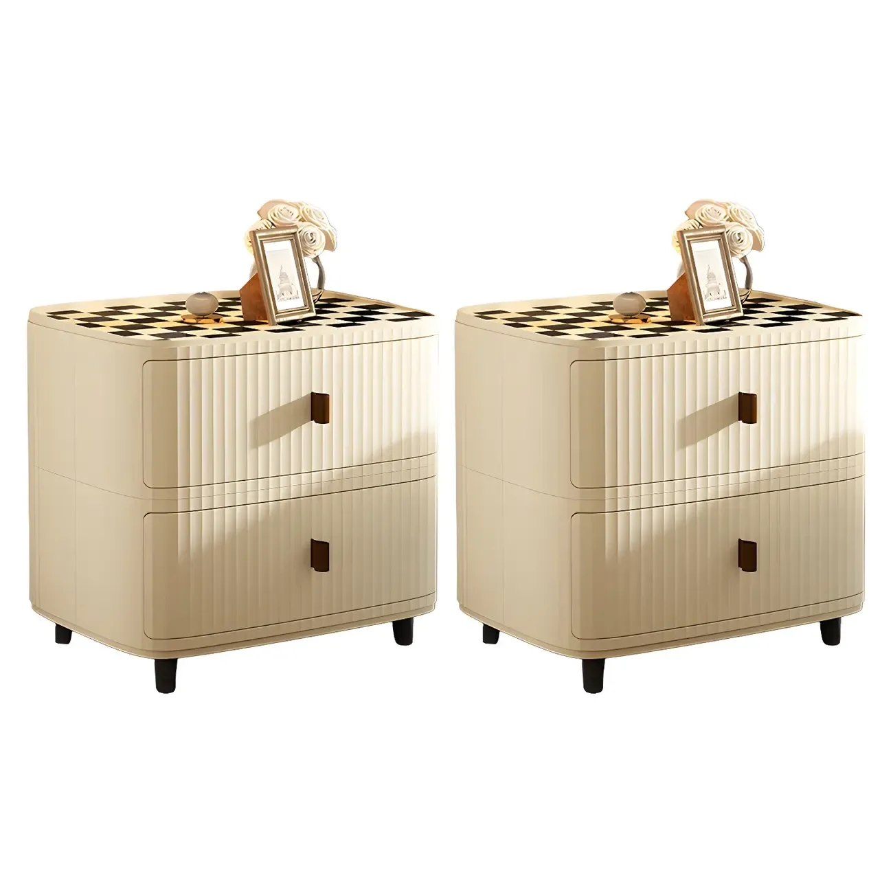 Modern Black And White Grid Top Nightstands with Drawers