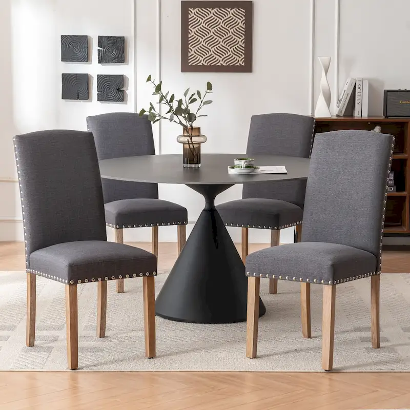 Set of 2 Gray Fabric Dining Chairs with Nailhead Trim