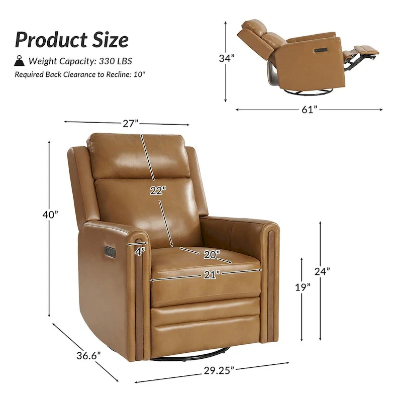 Jaime Modern Genuine Leather Rocking Swivel Power Recliner with Adjustable Headrest and Footrest by HULALA HOME