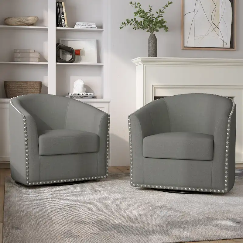 Upholstered Swivel Accent Chairs with Nailhead Trim, Set of 2