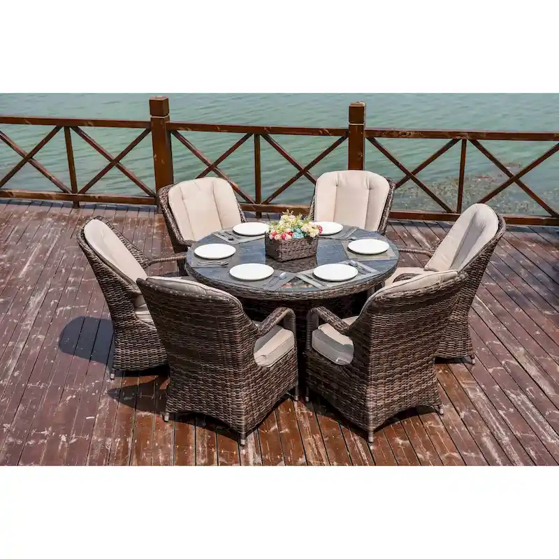 7 Pieces Outdoor Rattan Wicker Patio Round Dining Set with Cushions by Moda Furnishings