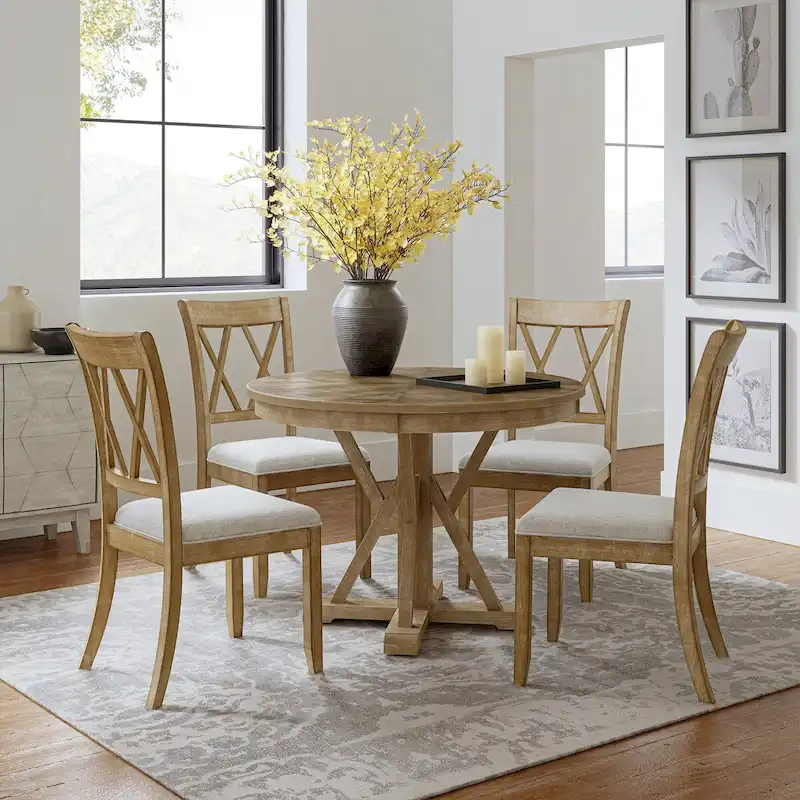 Natural Round Dining Table Set for 4, Farmhouse Style