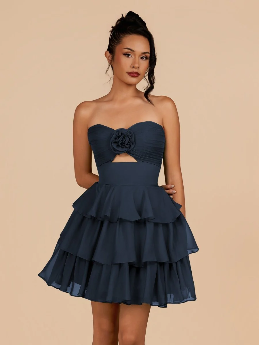 Navy Blue - Strapless A Line Chiffon Ruffles Homecoming Dresses With Flower