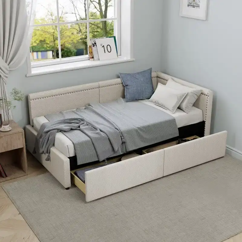 Twin Size L Shape Linen Upholstered Daybed with Two Storage Drawers