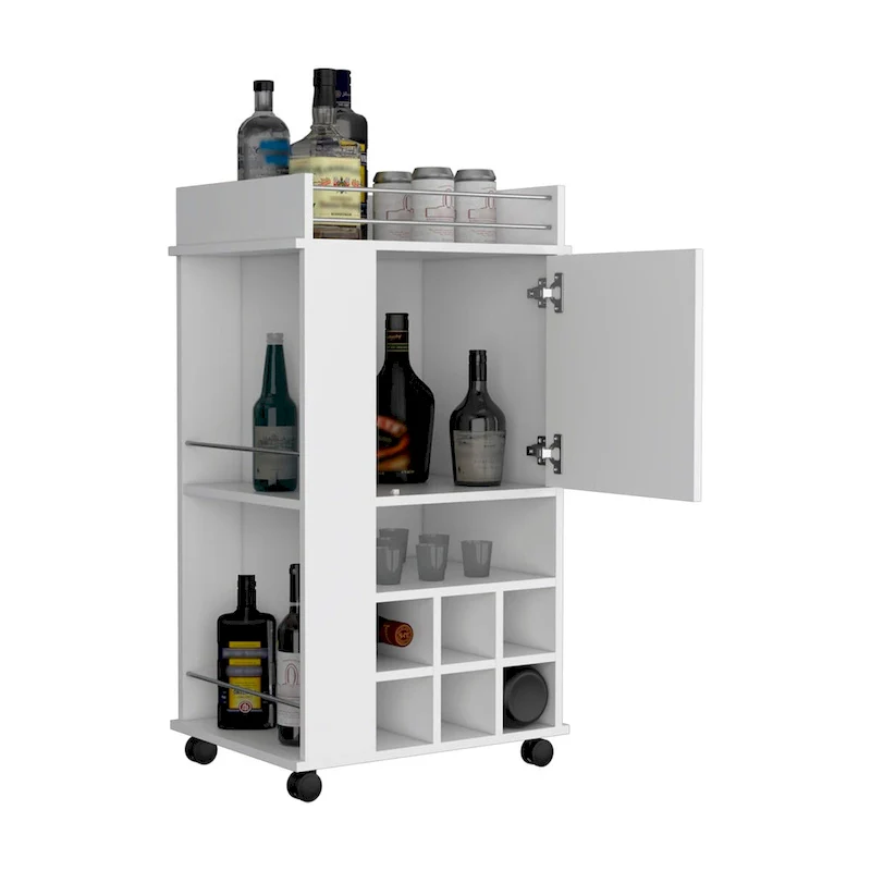 Bar Cart with Cabinet, 6 Built-in Wine Rack and Casters
