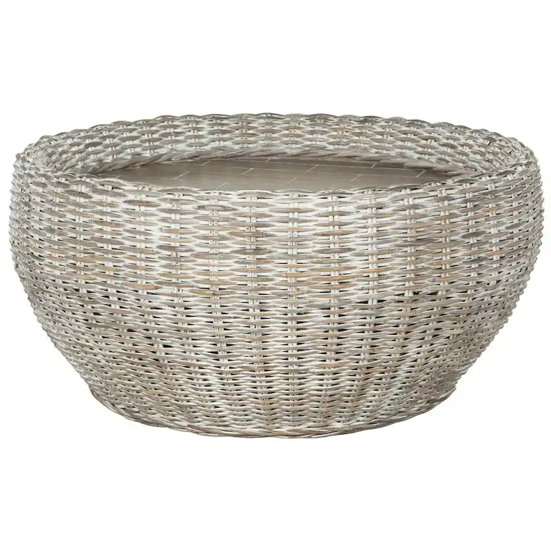SAFAVIEH Alfia Wood Top Wicker Drum Coffee Table - 35.4 x 35.4 x 15.7 - 35Wx35Dx16H