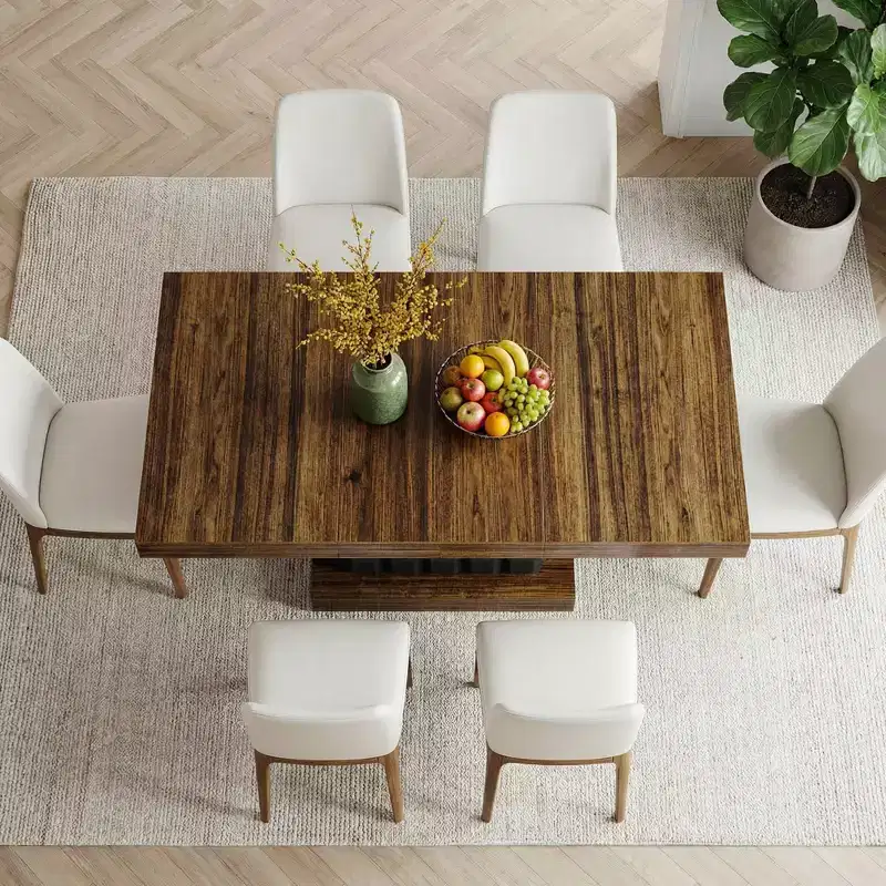 MAYEERTY 63 Modern Geometric Dining Table, Brown MDF Top Cubed Black Base Kitchen Table