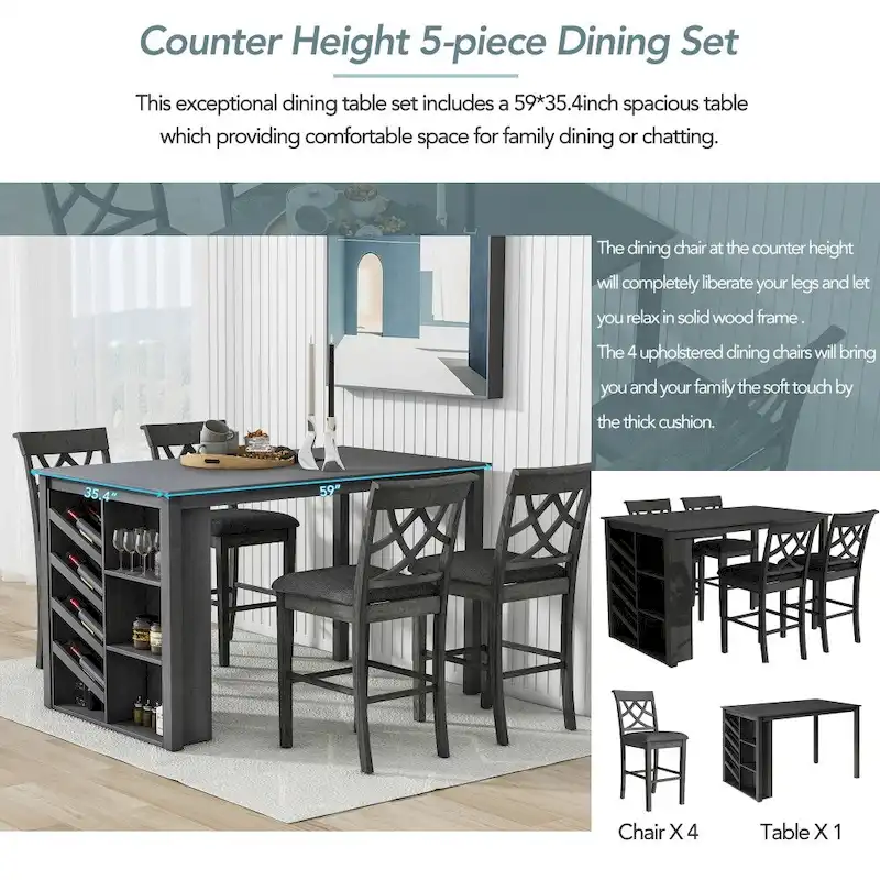 Counter Height 5-Piece Dining Set with Wine Rack, 4 Upholstered Chairs