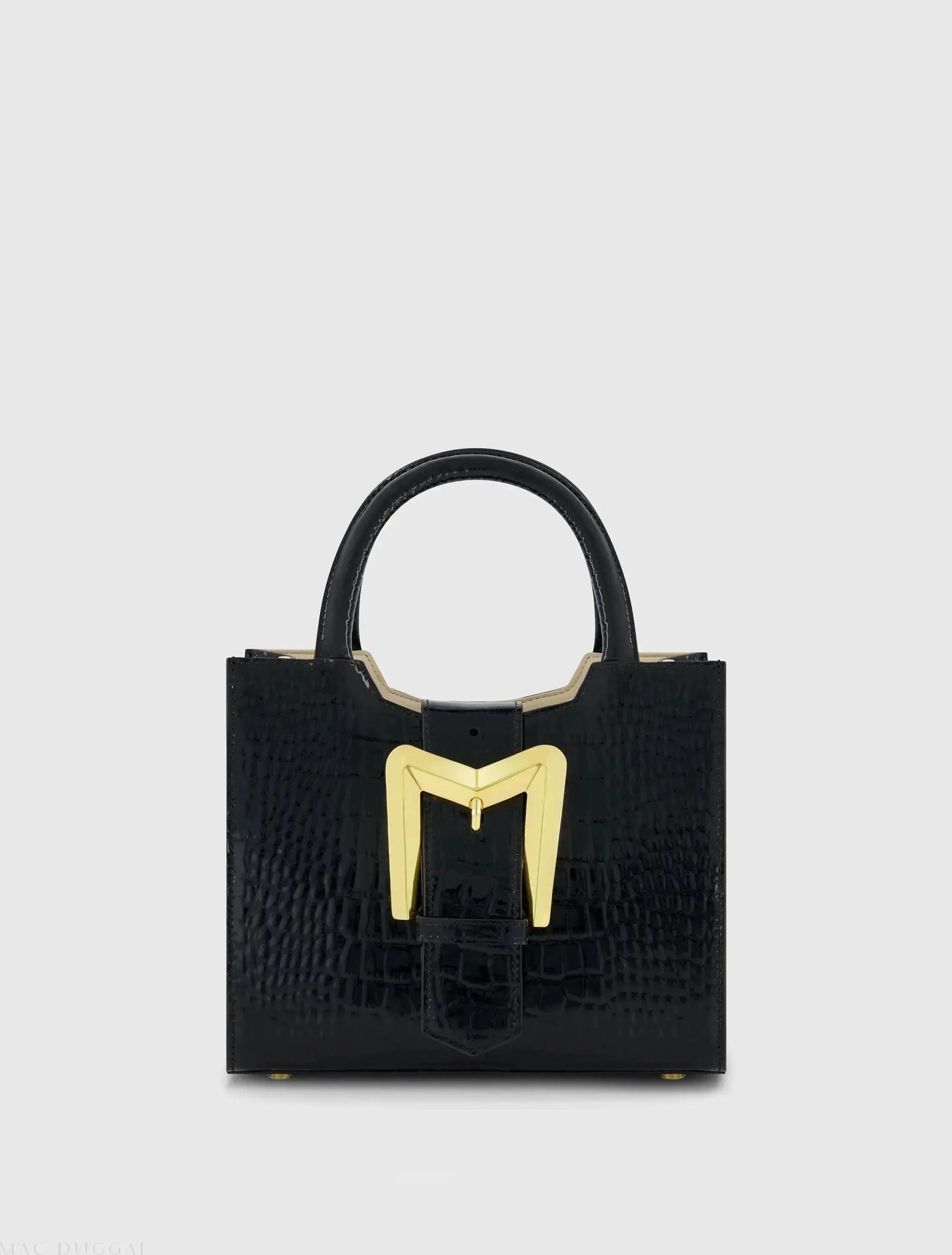 Black Crocodile Leather Tote Bag With Gold Buckle