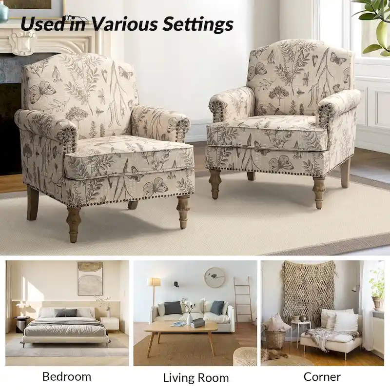 Grey/Navy Farmhouse Nailhead Camelback Armchair, 1-Person