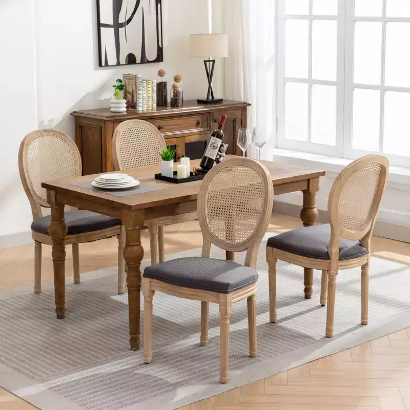 Set of 2 French Style Dining Chairs Upholstered Chairs Accent Chairs Armless Chairs with Rattan Back/Upholstered Back, Natural+Beige/Gray-ModernLuxe