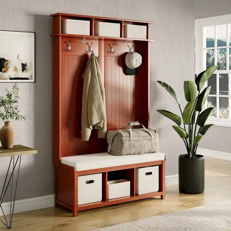 John Louis Home Solid Wood Hall Tree with Shoe and 2 Bin Storage