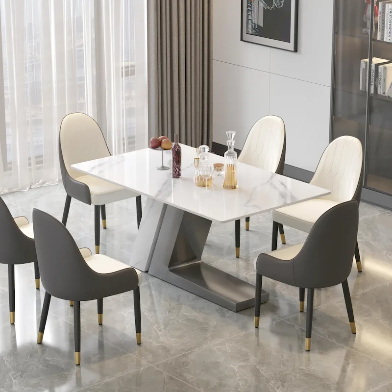 Modern Slate Kitchen Dining Table with White Rectangle Sintered Stone Top and Metal Legs -- 63/71/79