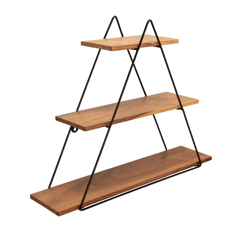 Black & Brown Metal Frame Triangular Wall Shelf with 3 Wood Tiers