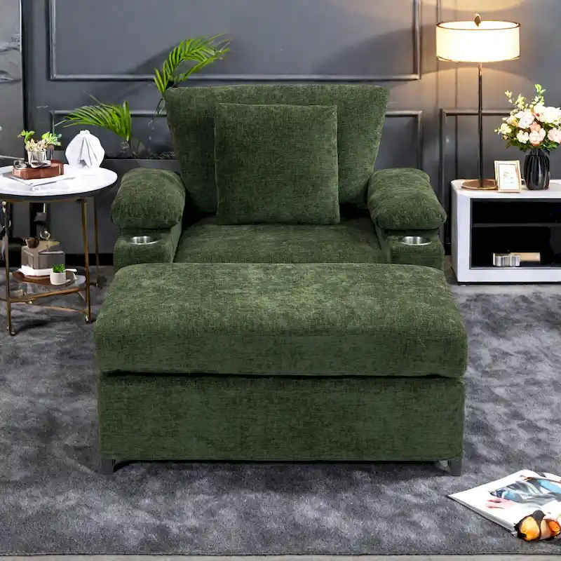 Oversized Lounge Chair with Ottoman, USB Charging Ports and Convertible Sofa Bed
