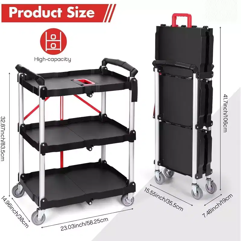 Foldable Utility Cart Heavy Duty 176 LBS Folding Service Cart w/ 360 Swivel Wheels Ergonomic Red Handle