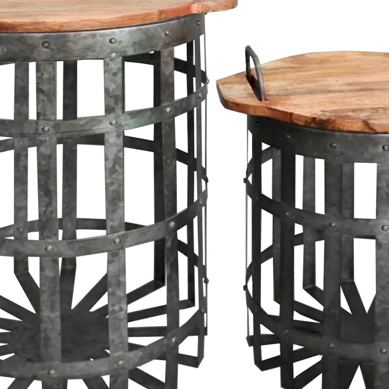 Industrial Grid Galvanized Accent End Table with Round Lid and Handles, Set of 2, Gray and Brown