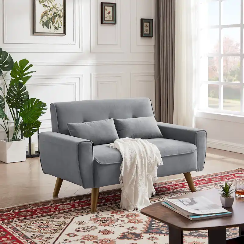 48.82 Small Tufted Loveseat Sofa with 2 Pillows and Tapered Wood Legs
