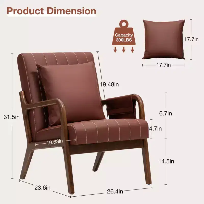 Hommpa Mid-century Accent Chair Ergonomic Leather Armchair with Wood Frame & Lumbar Pillow Brown