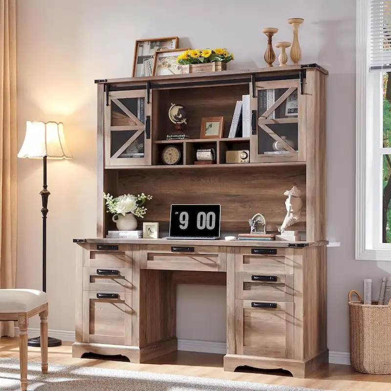 Farmhouse Desk, Wood Home Office Executive Desk with Charging Station