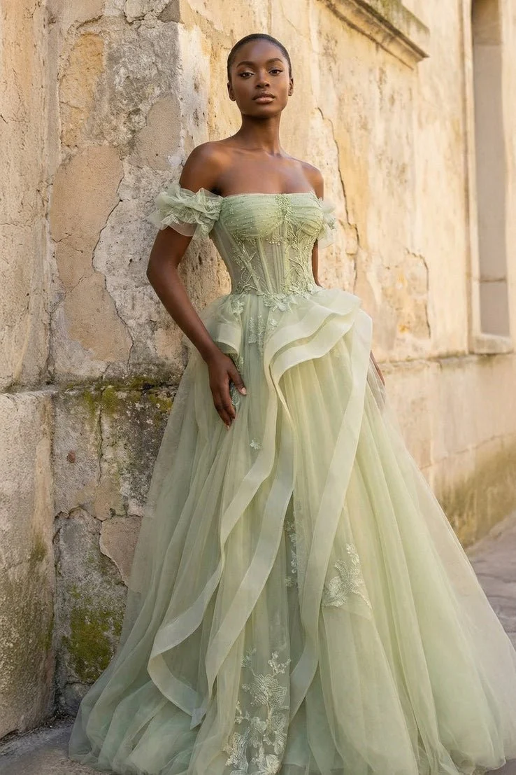 Green Tulle Lace Long Prom Dress with Corset, Green Formal Party Dress