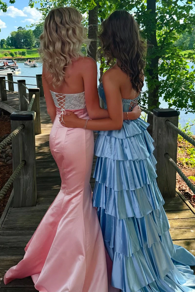 Pink Mermaid Satin Strapless Long Prom Dresses with Beaded Bow