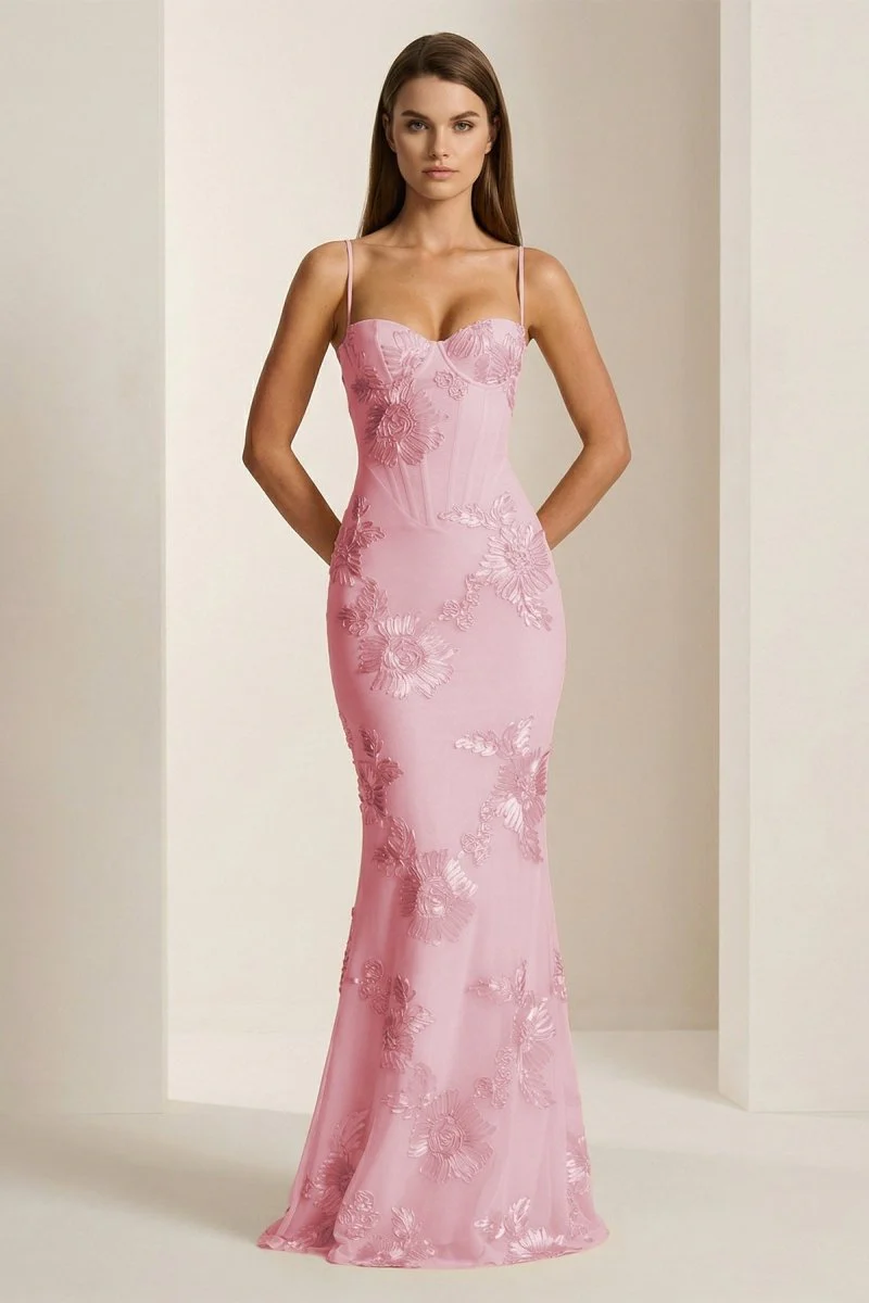 Yellow Spaghetti Straps Sheath Long Prom Dresses With Floral Embroidery