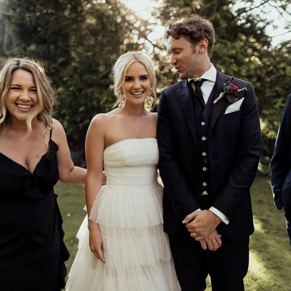 Sleeveless A Line Strapless Bohemian Tiered Tulle Wedding Dresses